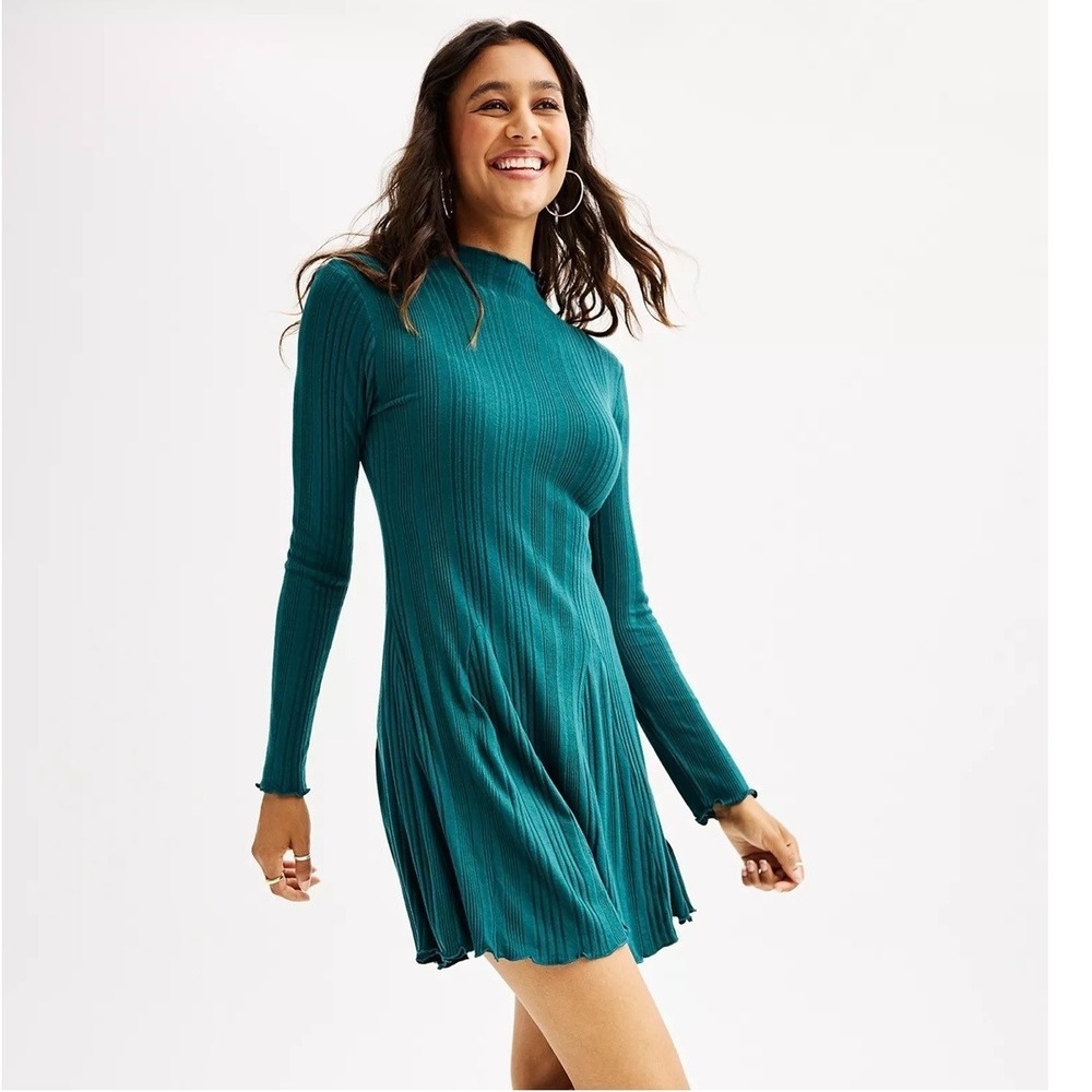 New Rib Knit 90's Soft Skater Long Sleeve Ruffle Mockneck Dress XL Teal Green